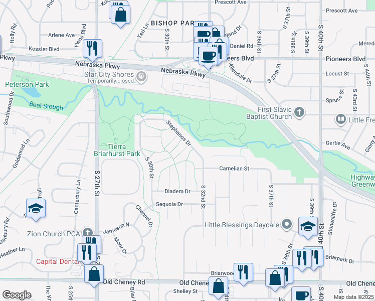 map of restaurants, bars, coffee shops, grocery stores, and more near 3141 Onyx Court in Lincoln