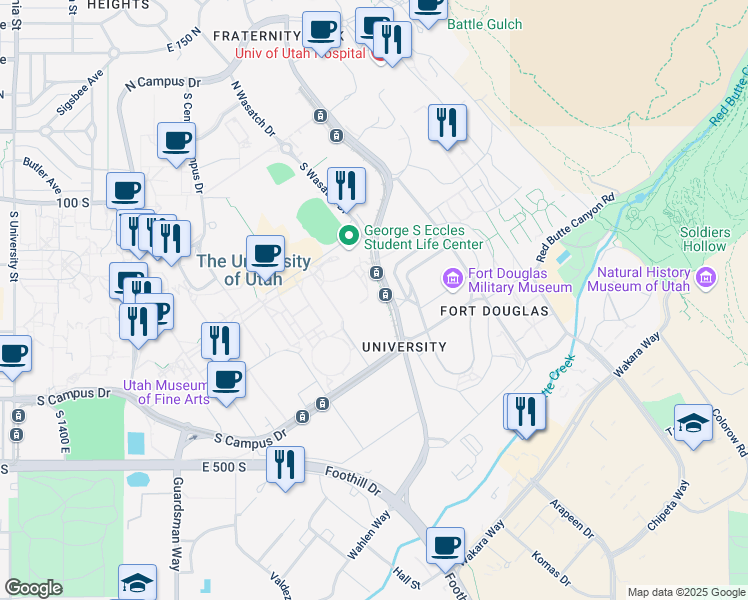 map of restaurants, bars, coffee shops, grocery stores, and more near 250 Mario Capecchi Drive in Salt Lake City