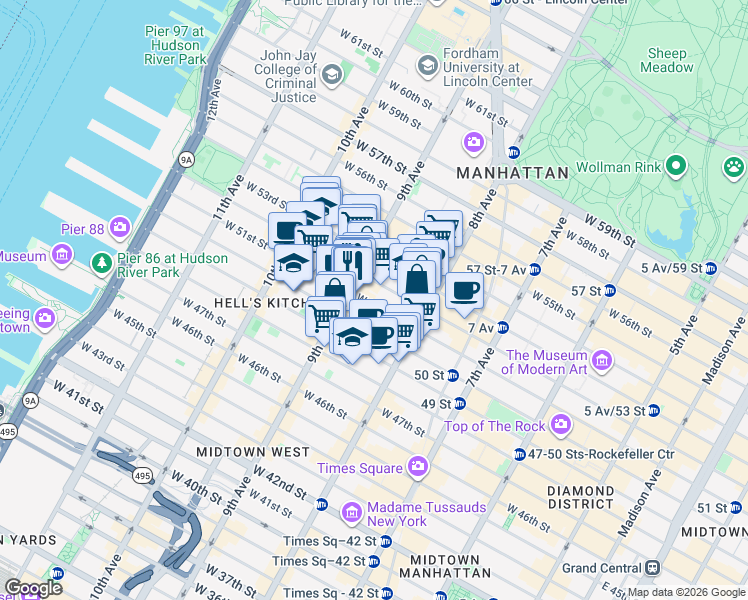 map of restaurants, bars, coffee shops, grocery stores, and more near 349 West 51st Street in New York