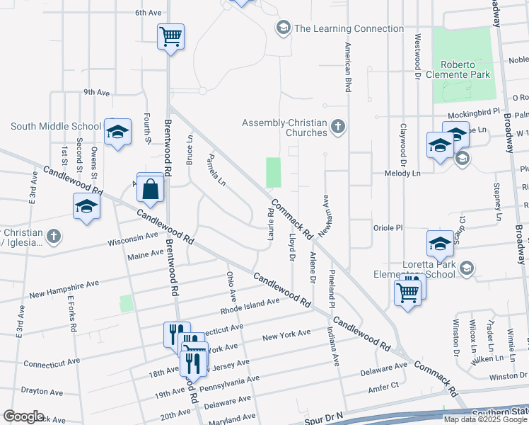 map of restaurants, bars, coffee shops, grocery stores, and more near 75 Laurie Road in Brentwood