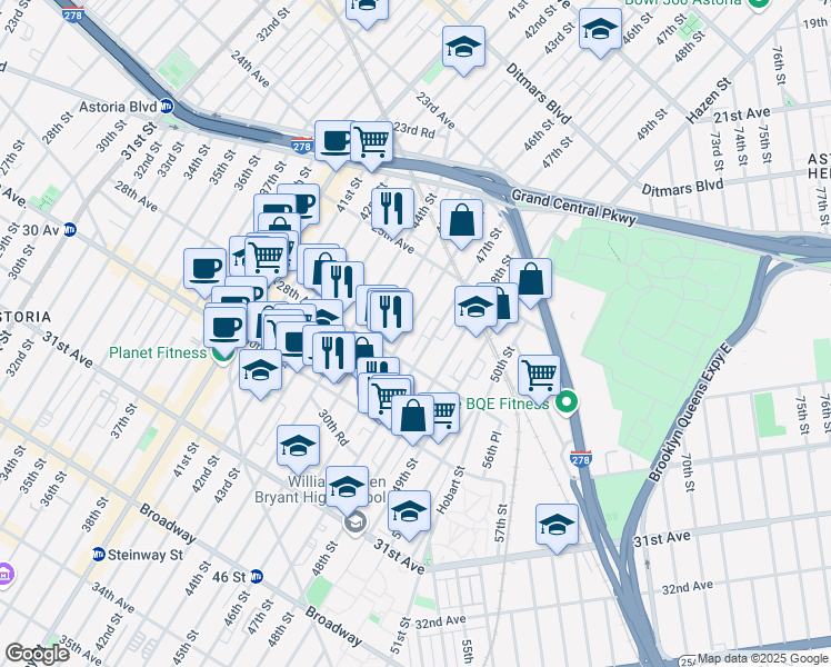 map of restaurants, bars, coffee shops, grocery stores, and more near 25-71 46th Street in Queens