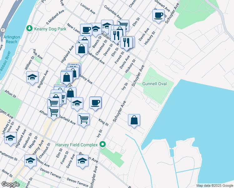 map of restaurants, bars, coffee shops, grocery stores, and more near 312 Hickory Street in Kearny
