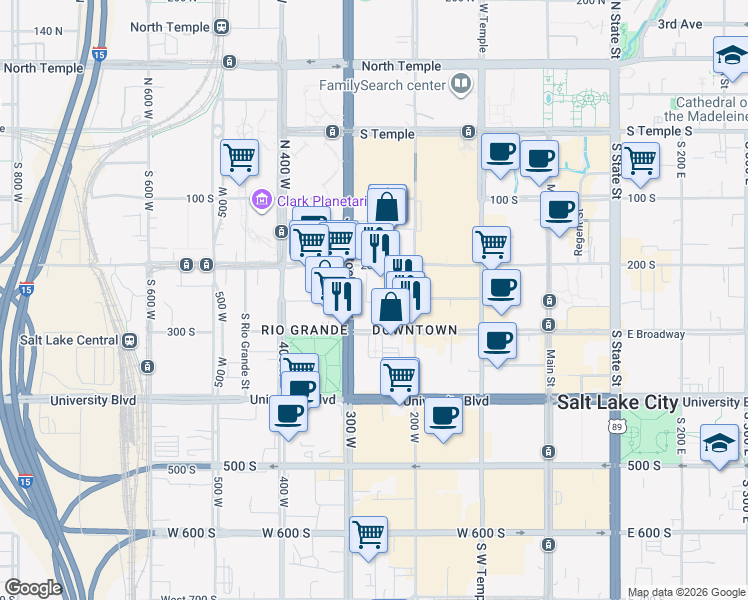 map of restaurants, bars, coffee shops, grocery stores, and more near 243 Wayne Court in Salt Lake City
