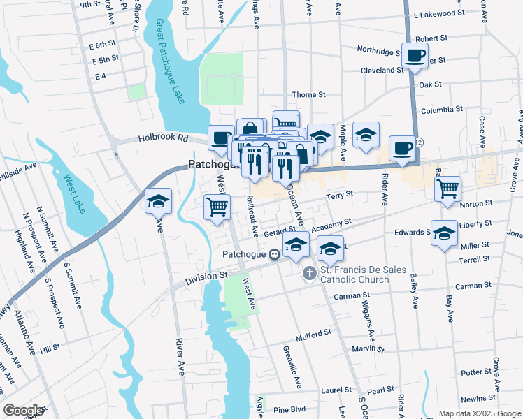 map of restaurants, bars, coffee shops, grocery stores, and more near 48 Church Street in Patchogue