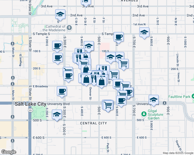 map of restaurants, bars, coffee shops, grocery stores, and more near 250 500 East in Salt Lake City