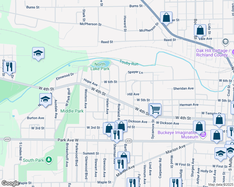 map of restaurants, bars, coffee shops, grocery stores, and more near 183 Rowland Avenue in Mansfield