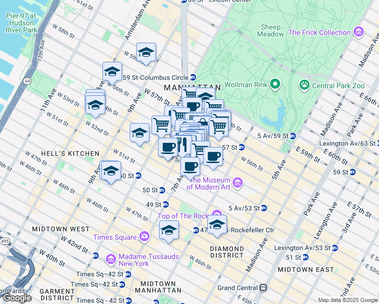 map of restaurants, bars, coffee shops, grocery stores, and more near in New York
