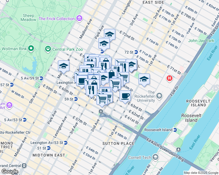 map of restaurants, bars, coffee shops, grocery stores, and more near 232 East 64th Street in New York