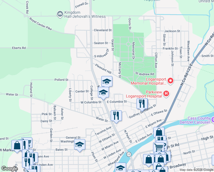 map of restaurants, bars, coffee shops, grocery stores, and more near 14 Spring Street in Logansport