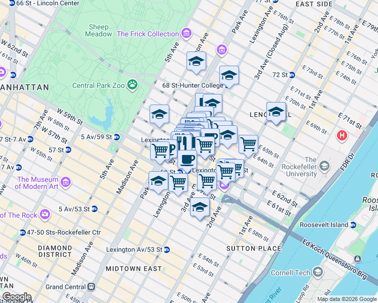 map of restaurants, bars, coffee shops, grocery stores, and more near 141 East 62nd Street in New York