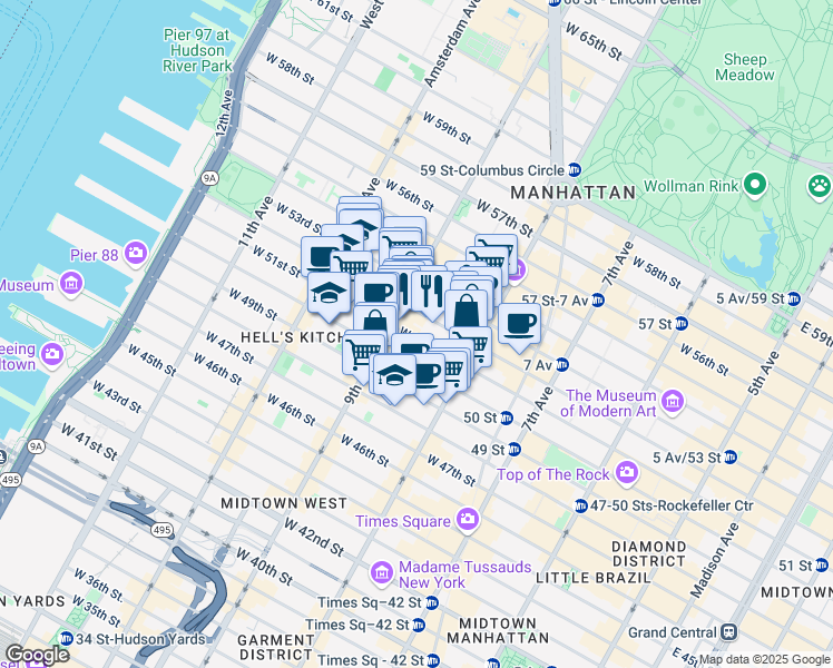 map of restaurants, bars, coffee shops, grocery stores, and more near 351 West 51st Street in New York