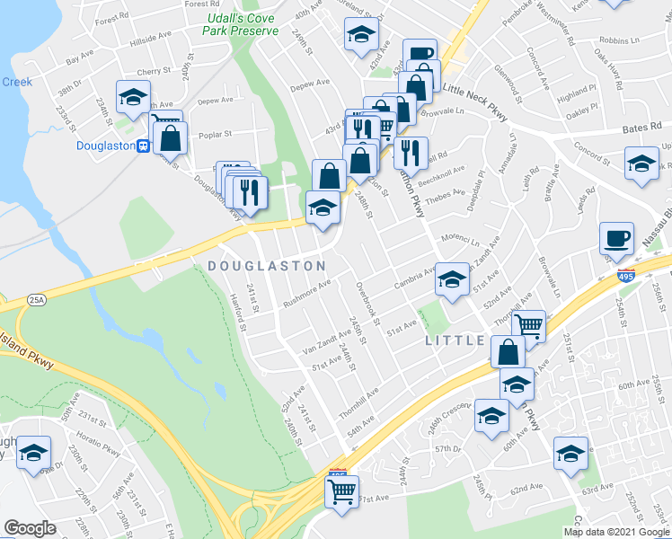 map of restaurants, bars, coffee shops, grocery stores, and more near 245-15 Rushmore Avenue in Queens