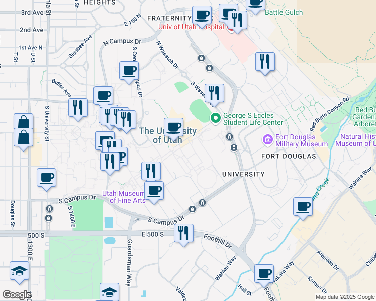 map of restaurants, bars, coffee shops, grocery stores, and more near 250 1850 East in Salt Lake City