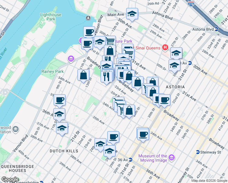 map of restaurants, bars, coffee shops, grocery stores, and more near 21-17 33rd Road in Queens