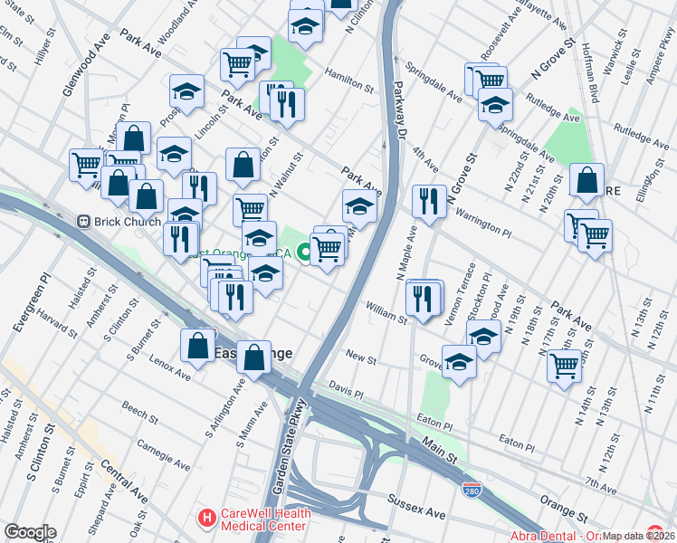 map of restaurants, bars, coffee shops, grocery stores, and more near 175 North Oraton Parkway in East Orange