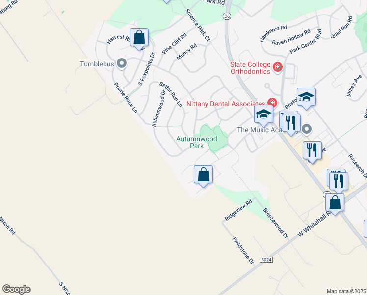 map of restaurants, bars, coffee shops, grocery stores, and more near Country Glenn Ln in State College