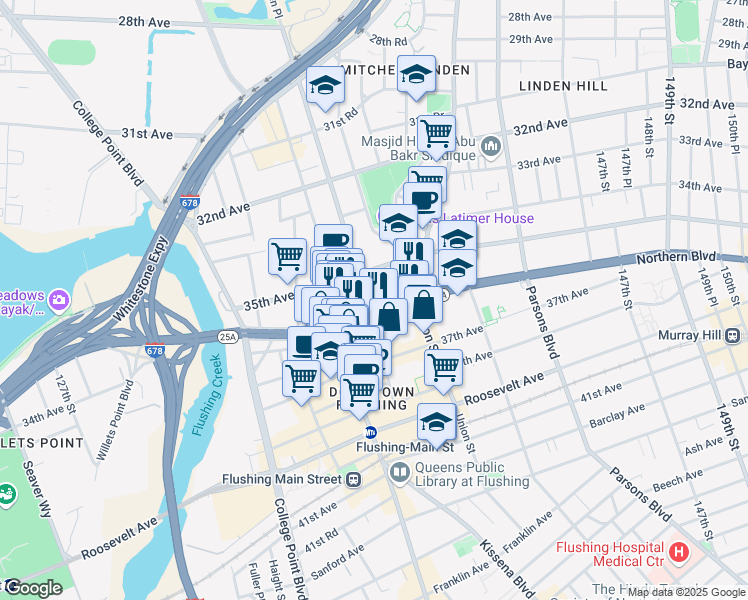 map of restaurants, bars, coffee shops, grocery stores, and more near 137-35 Northern Boulevard in Queens