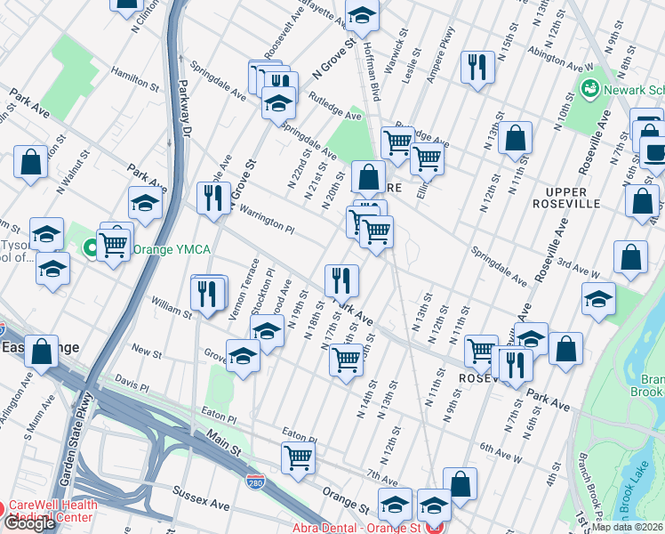 map of restaurants, bars, coffee shops, grocery stores, and more near 174 North 19th Street in East Orange