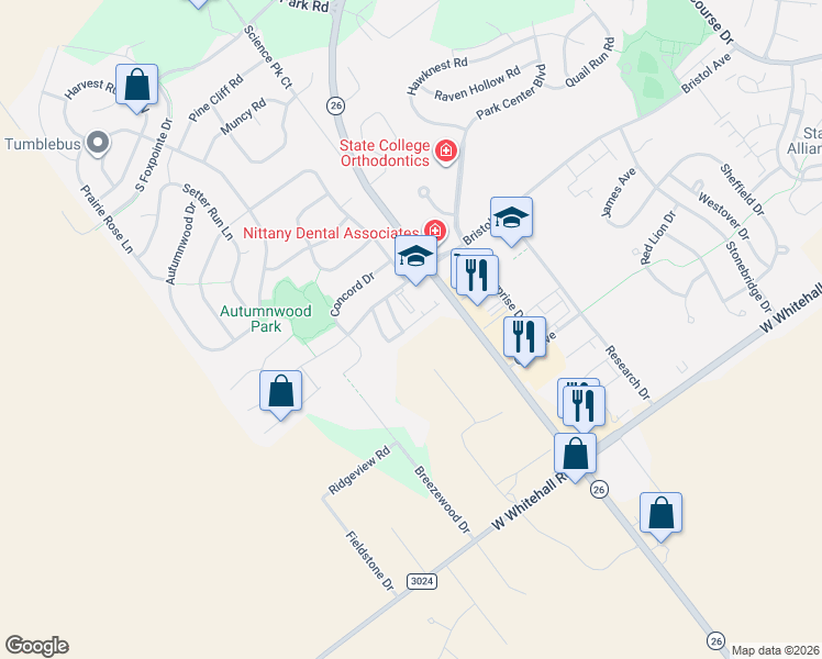map of restaurants, bars, coffee shops, grocery stores, and more near 144 Gala Drive in State College