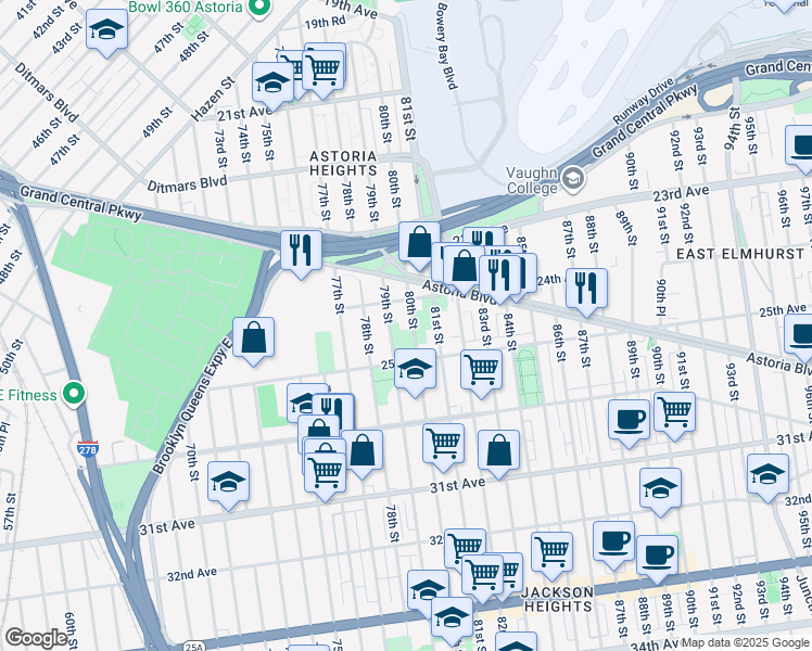map of restaurants, bars, coffee shops, grocery stores, and more near 24-24 80th Street in Queens