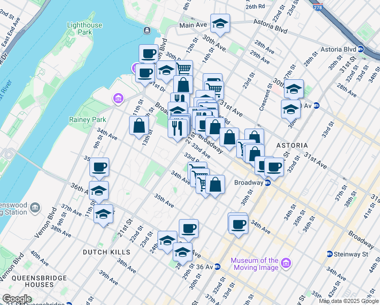 map of restaurants, bars, coffee shops, grocery stores, and more near 21-17 33rd Road in Queens