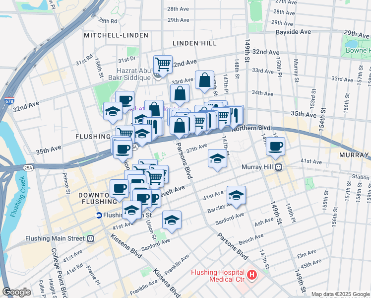 map of restaurants, bars, coffee shops, grocery stores, and more near 36-25 Parsons Boulevard in Queens