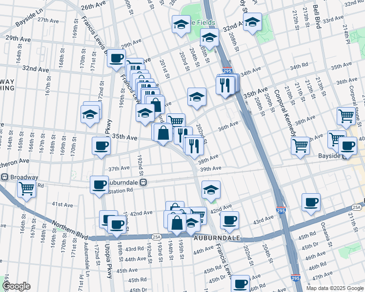 map of restaurants, bars, coffee shops, grocery stores, and more near 4 200th Street in Queens