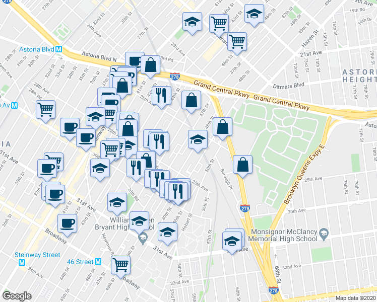 map of restaurants, bars, coffee shops, grocery stores, and more near 25-48 48th Street in Queens