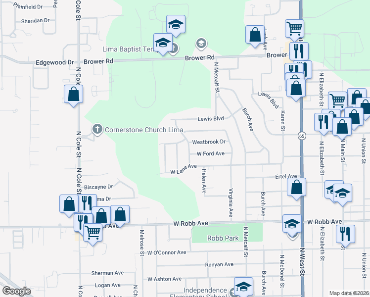 map of restaurants, bars, coffee shops, grocery stores, and more near 1775 Brookwood Drive in Lima