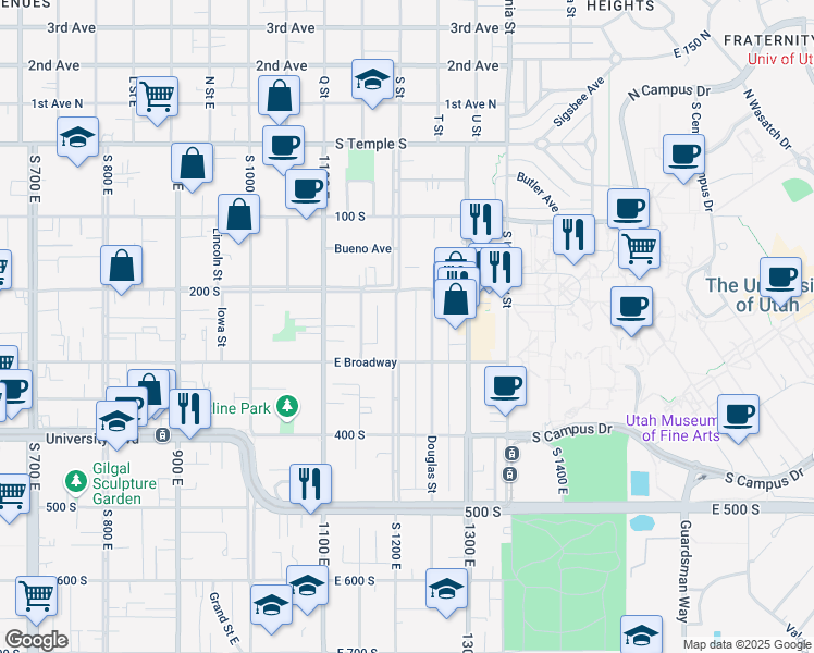 map of restaurants, bars, coffee shops, grocery stores, and more near 241 South 1200 East in Salt Lake City