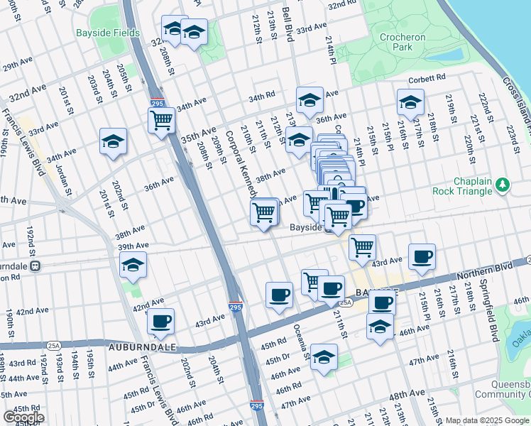 map of restaurants, bars, coffee shops, grocery stores, and more near 209-30 39th Avenue in Queens