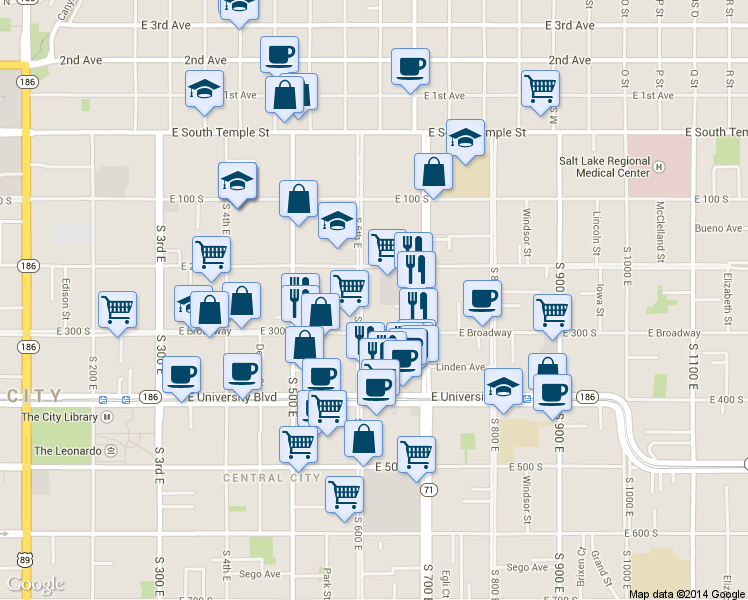 map of restaurants, bars, coffee shops, grocery stores, and more near 249 600 East in Salt Lake City