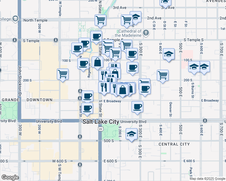 map of restaurants, bars, coffee shops, grocery stores, and more near 231 South Edison Street in Salt Lake City