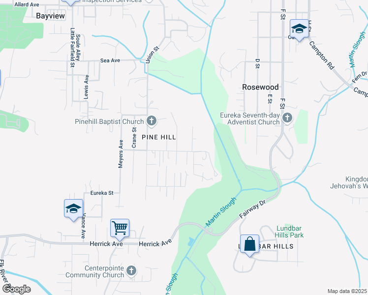 map of restaurants, bars, coffee shops, grocery stores, and more near 4766 Kincaid Court in Eureka