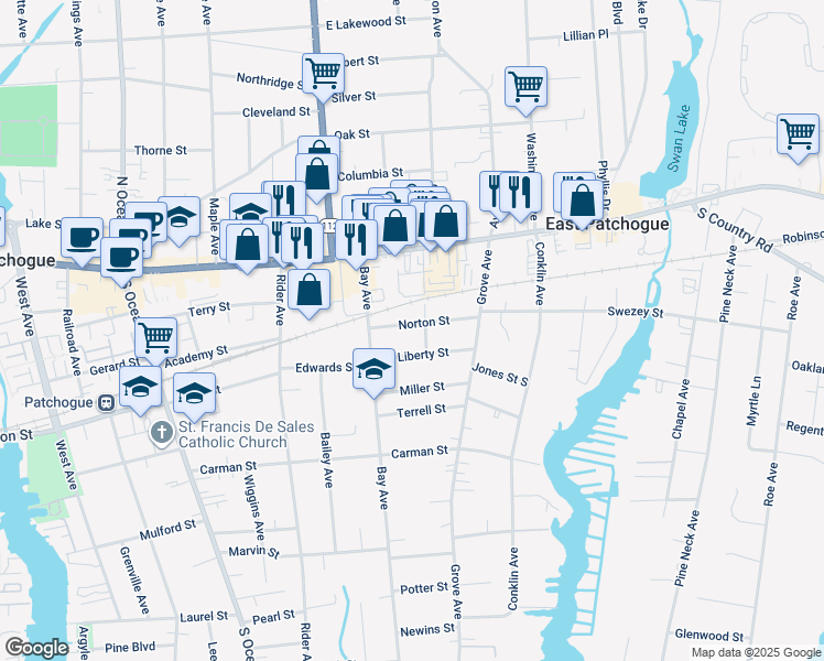 map of restaurants, bars, coffee shops, grocery stores, and more near 46 Evergreen Avenue in Patchogue