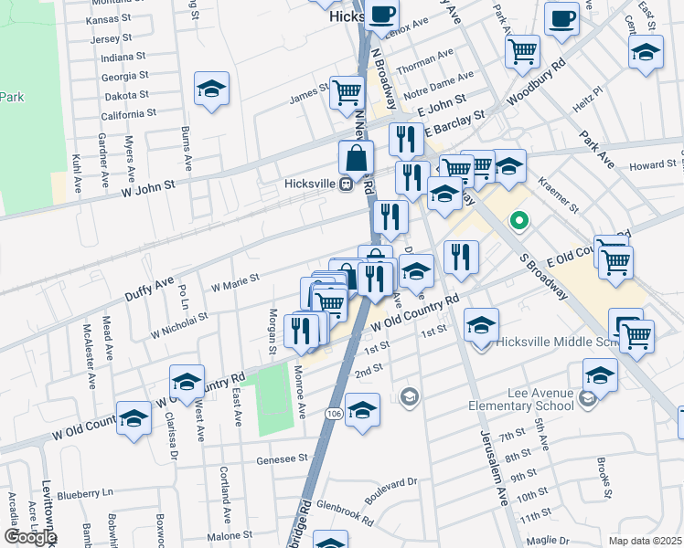 map of restaurants, bars, coffee shops, grocery stores, and more near 168 West Nicholai Street in Hicksville