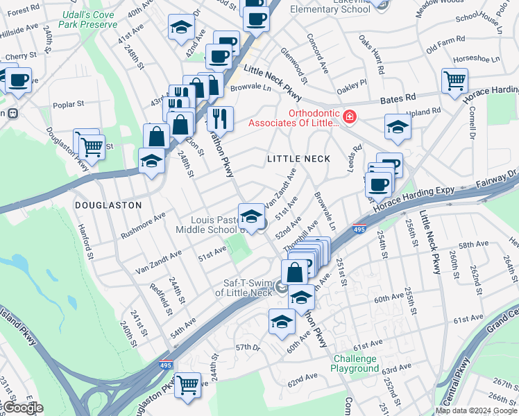 map of restaurants, bars, coffee shops, grocery stores, and more near 249-11 Van Zandt Avenue in Queens