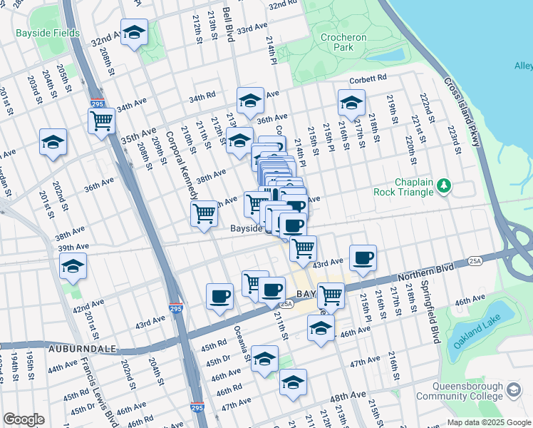 map of restaurants, bars, coffee shops, grocery stores, and more near 39-29 212th Street in Queens