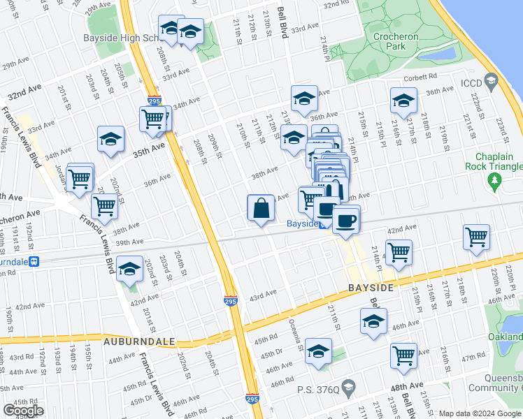map of restaurants, bars, coffee shops, grocery stores, and more near 39-03 Corporal Kennedy Street in Queens