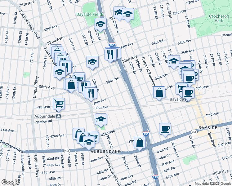map of restaurants, bars, coffee shops, grocery stores, and more near 36-45 204th Street in Queens