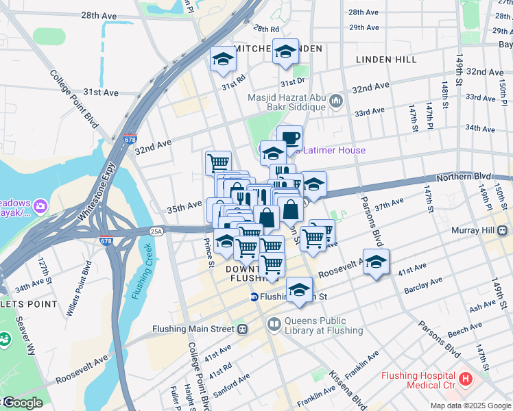 map of restaurants, bars, coffee shops, grocery stores, and more near 35-11 Linden Place in Queens