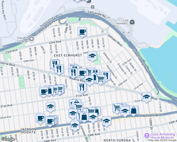 map of restaurants, bars, coffee shops, grocery stores, and more near 25-16 98th Street in Queens