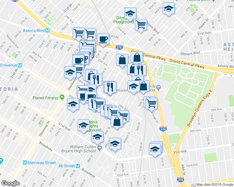 map of restaurants, bars, coffee shops, grocery stores, and more near 25-65 46th Street in Queens