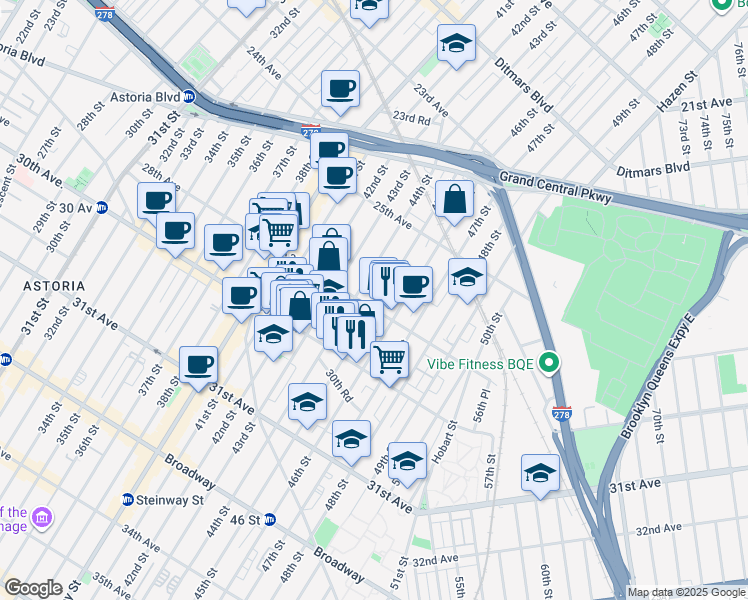 map of restaurants, bars, coffee shops, grocery stores, and more near 25-92 45th Street in Queens