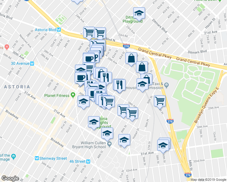 map of restaurants, bars, coffee shops, grocery stores, and more near 25-92 45th Street in Queens