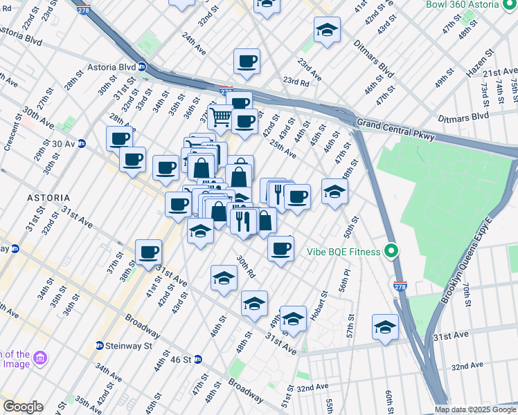 map of restaurants, bars, coffee shops, grocery stores, and more near in Queens