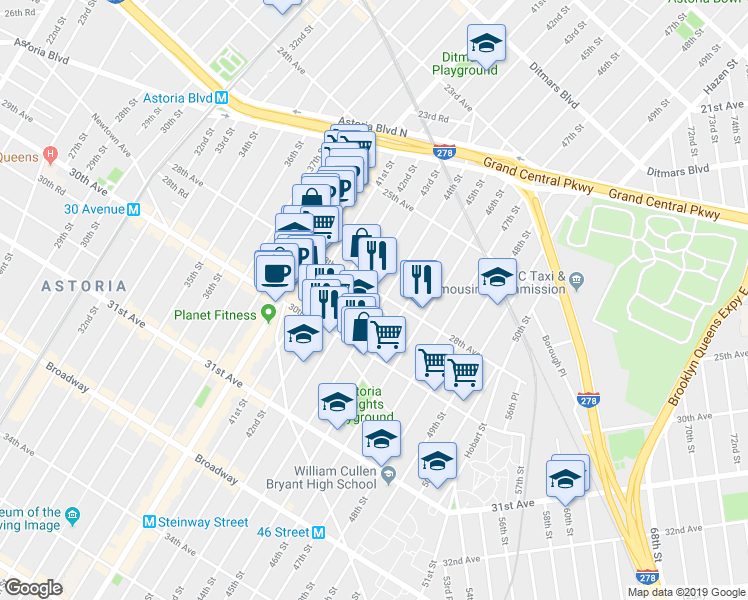 map of restaurants, bars, coffee shops, grocery stores, and more near in Queens