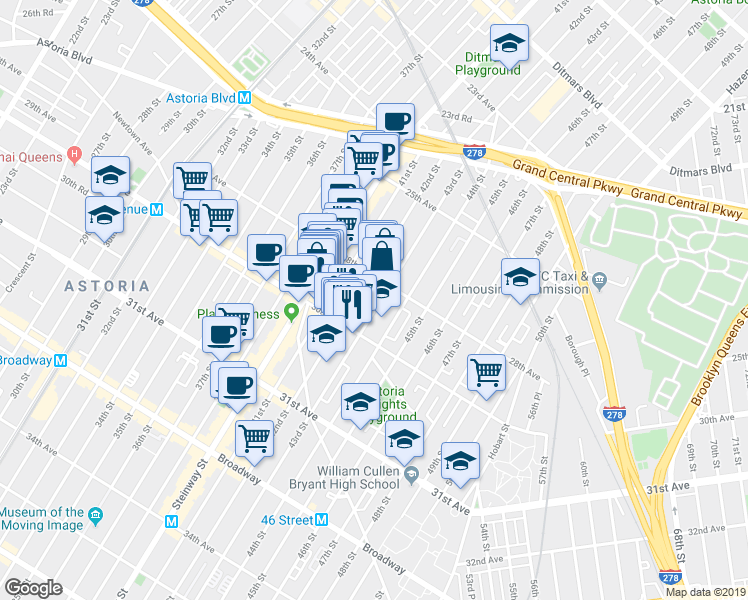 map of restaurants, bars, coffee shops, grocery stores, and more near in Queens