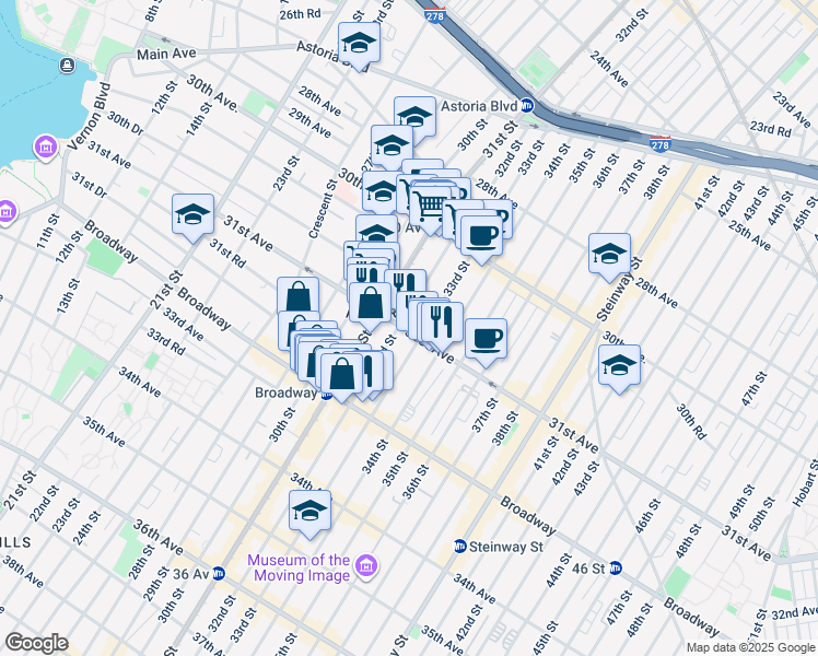 map of restaurants, bars, coffee shops, grocery stores, and more near in Queens