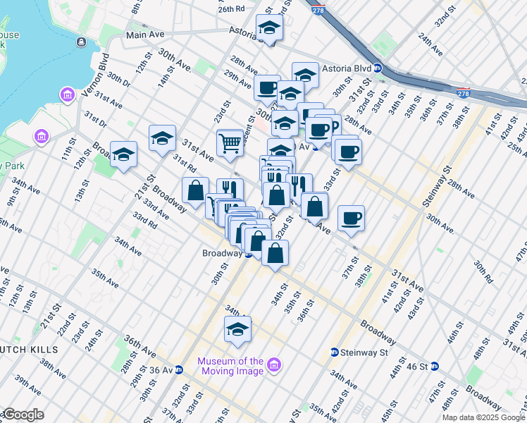 map of restaurants, bars, coffee shops, grocery stores, and more near 31-19 30th Street in Queens